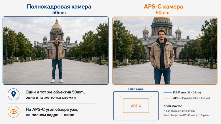 Схема: угол обзора 50 мм на полном кадре и на APS-C