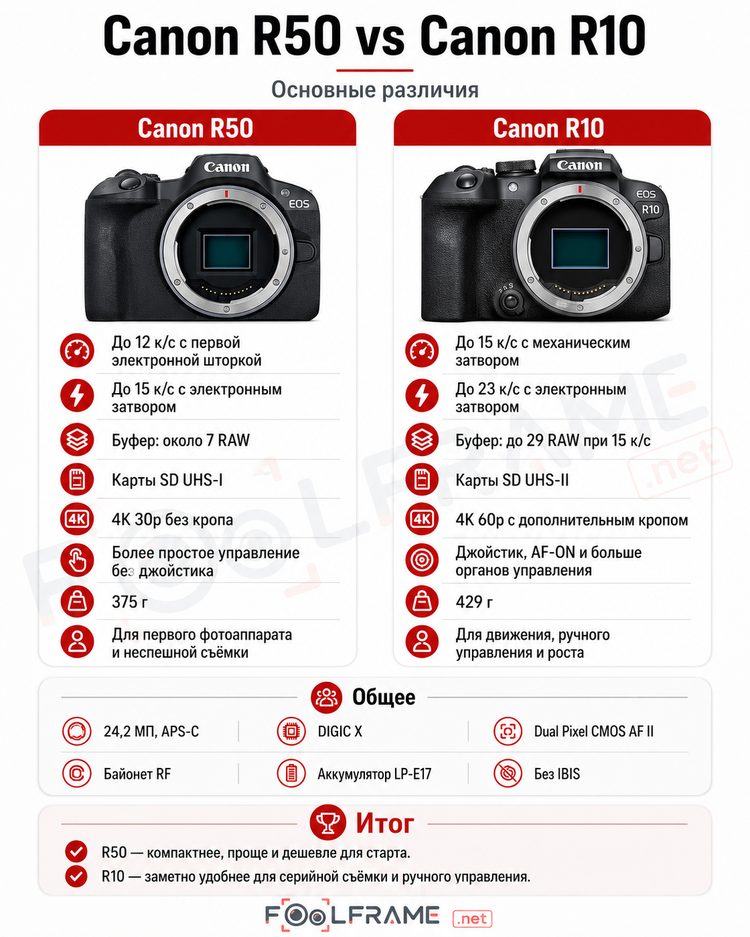 Инфографика с главными различиями Canon EOS R50 и R10
