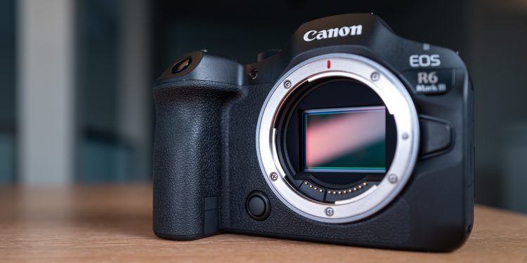 Canon EOS R6 Mark III без объектива на деревянной поверхности
