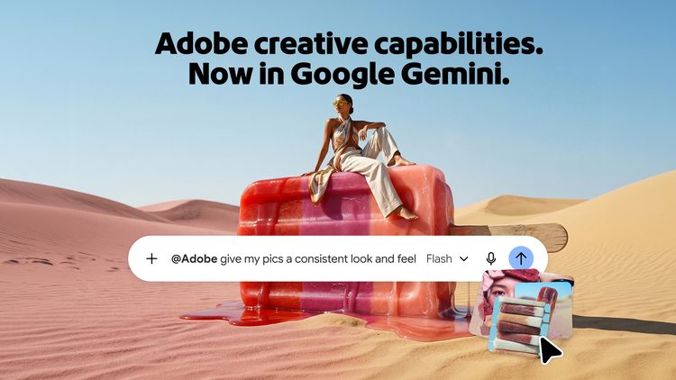 Логотипы Adobe и Google Gemini рядом с изображением девушки на красном чемодане