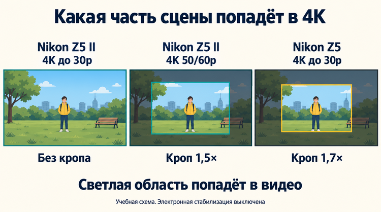 Одна сцена с разным кадрированием в режимах 4K Nikon Z5 и Z5 II