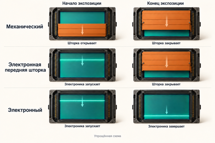 Шторки и матрица в трёх режимах затвора