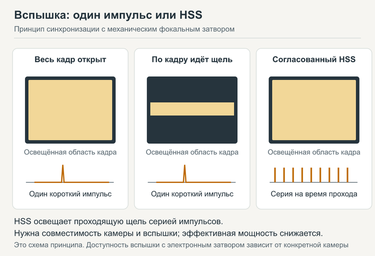 Схема освещения кадра обычной вспышкой и в режиме HSS