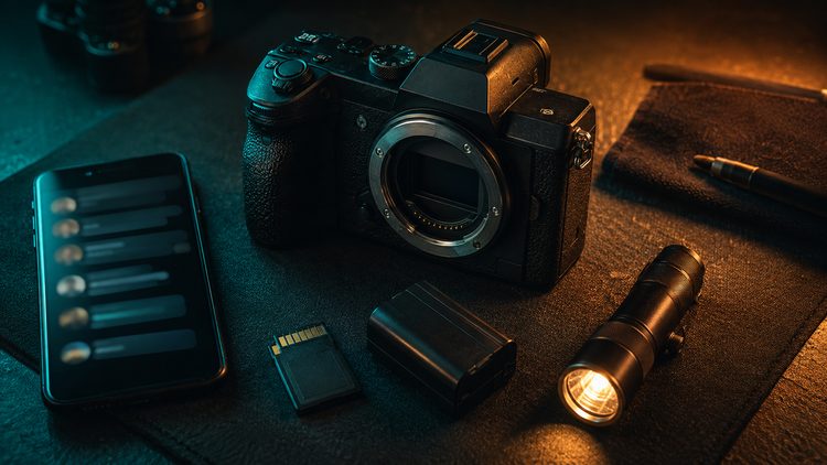 Фотоаппарат, карта памяти, аккумулятор и фонарь перед проверкой