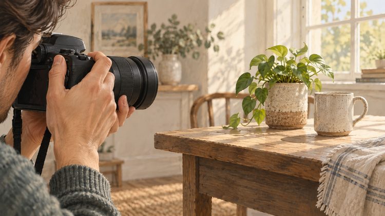 Фотограф наводит камеру на предметы у светлого окна