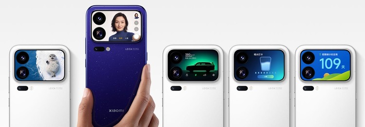 Пять смартфонов Xiaomi с разными виджетами на задних дисплеях